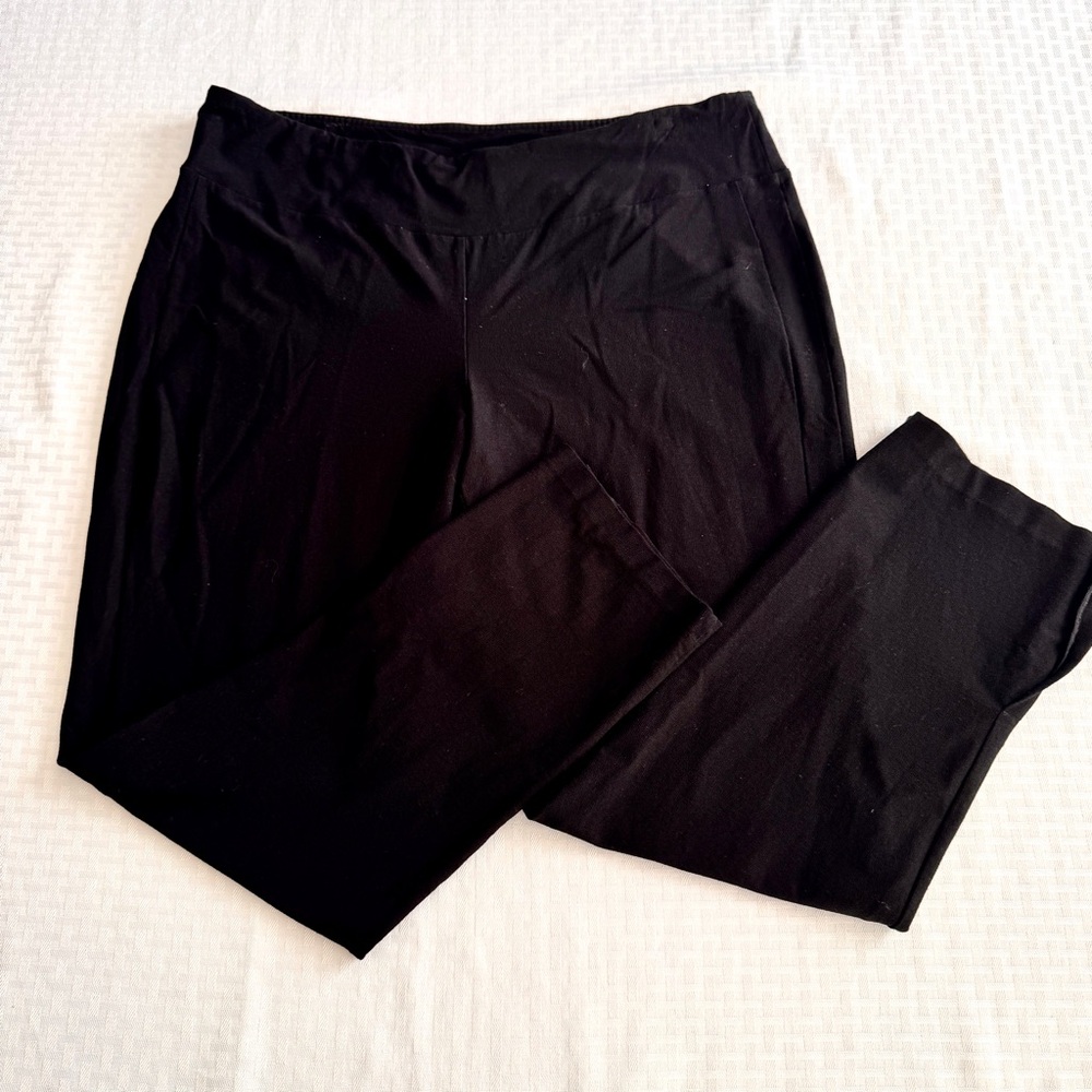 Eileen Fisher Black Stretch Knit Straight Pull On Pants Women's Size L Wide Leg‎